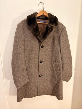 Pendleton Men’s Brown Herringbone Wool Pea Coat with Dark Brown Fur Collar